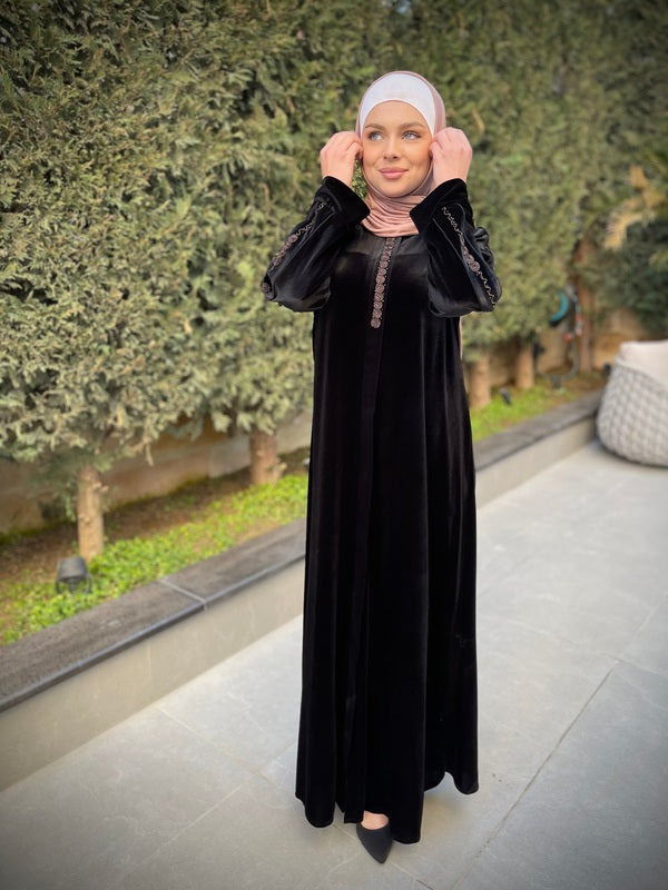 abaya dress with hijab black Modern Embroidery Black Velvet Abaya – Al Karam Qadri