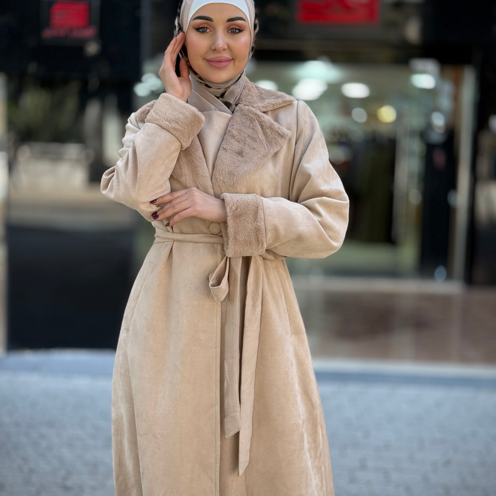 
                      
                        Open-Front Jilbab with Fur Accents and Waist Belt
                      
                    