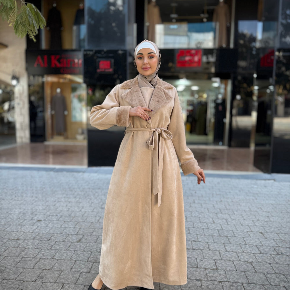 
                      
                        Open-Front Jilbab with Fur Accents and Waist Belt
                      
                    