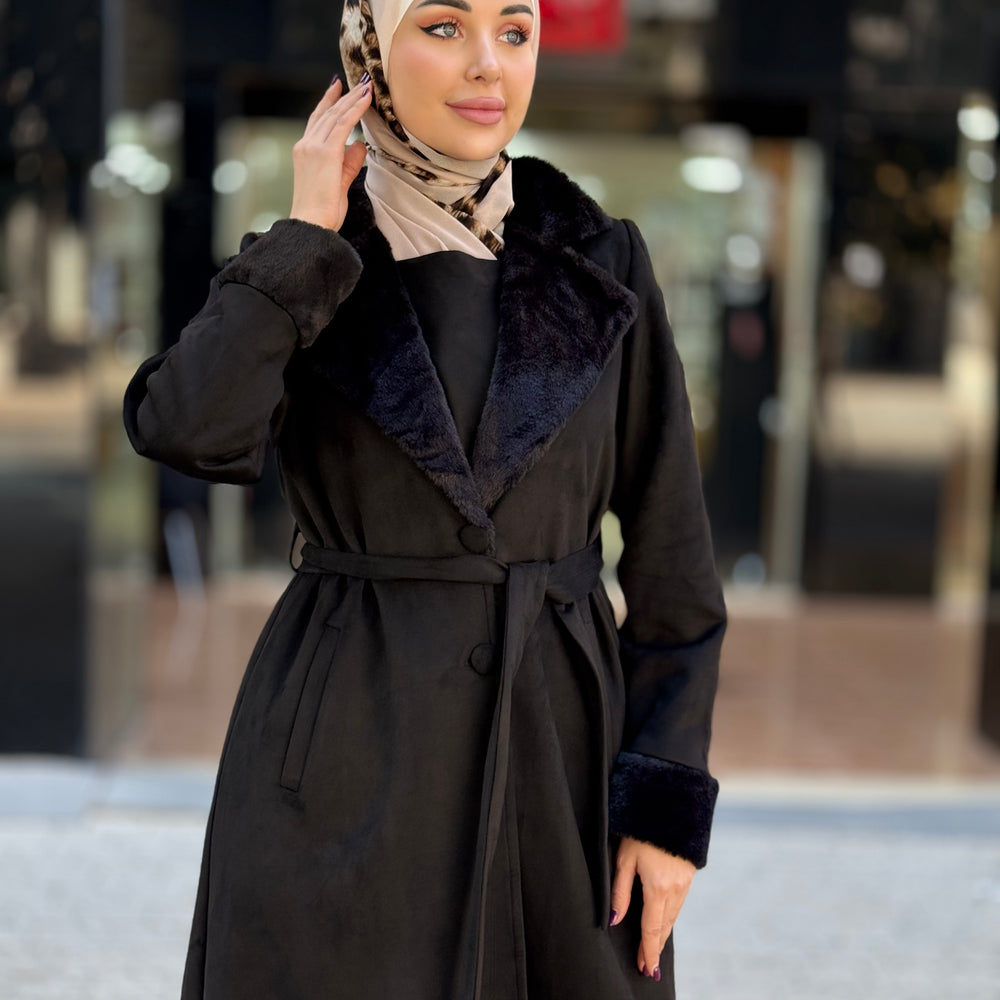 
                      
                        Open-Front Jilbab with Fur Accents and Waist Belt
                      
                    