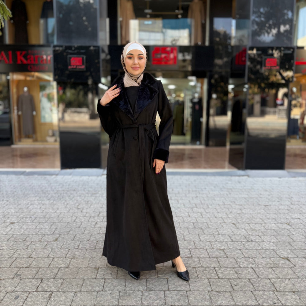 
                      
                        Open-Front Jilbab with Fur Accents and Waist Belt
                      
                    