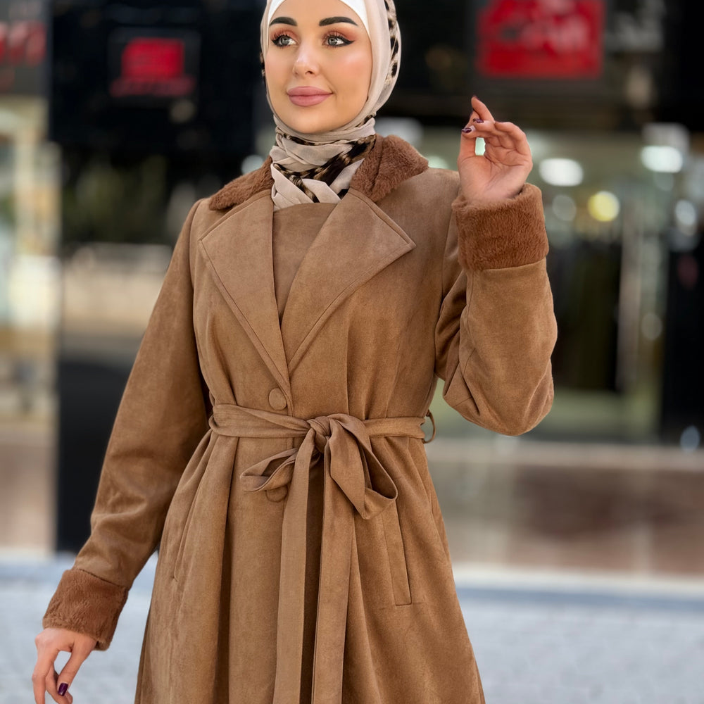 
                      
                        Open-Front Jilbab with Fur Accents and Waist Belt
                      
                    