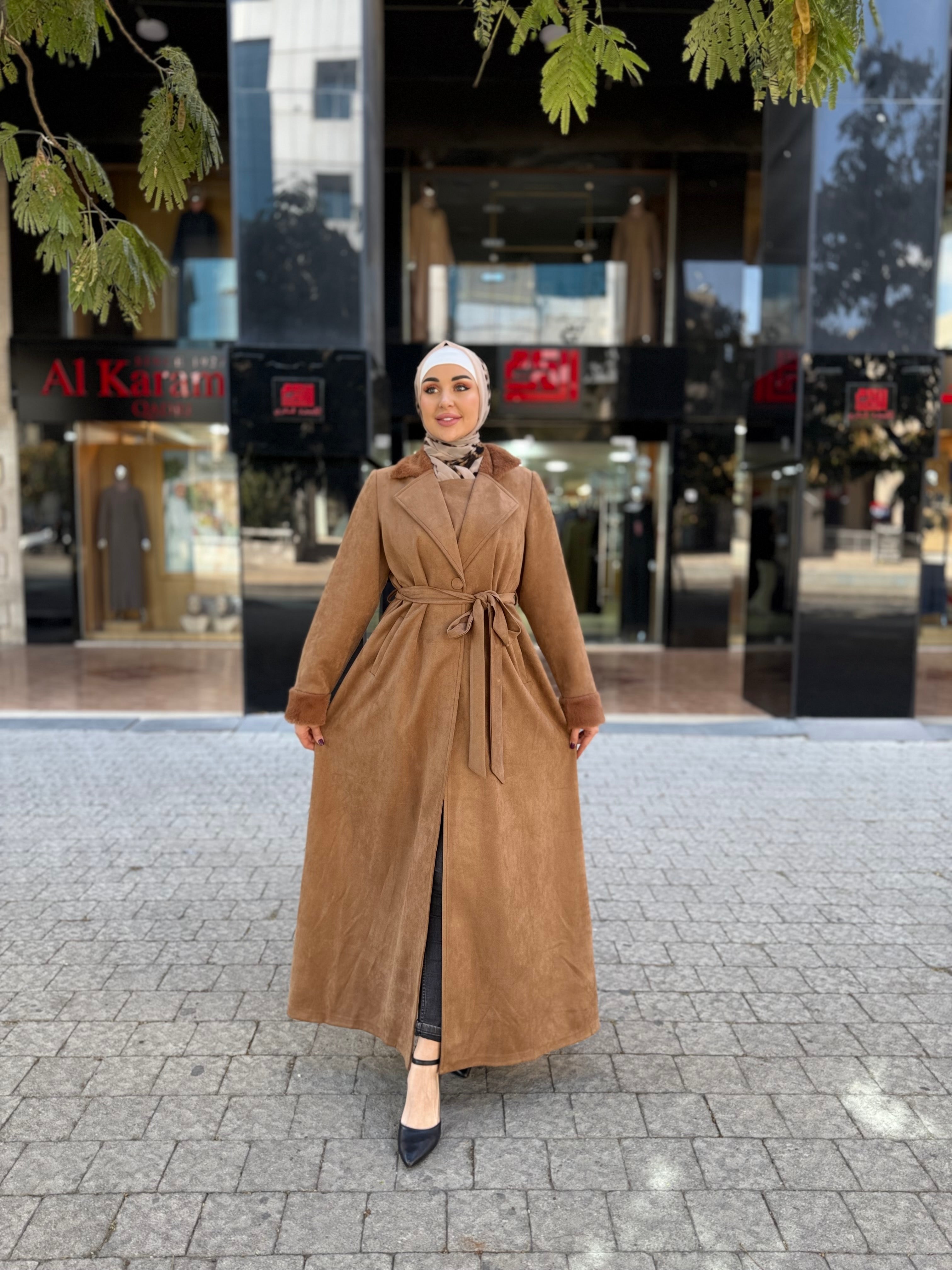 Open-Front Jilbab with Fur & Belt | Modest Islamic Winter Fashion