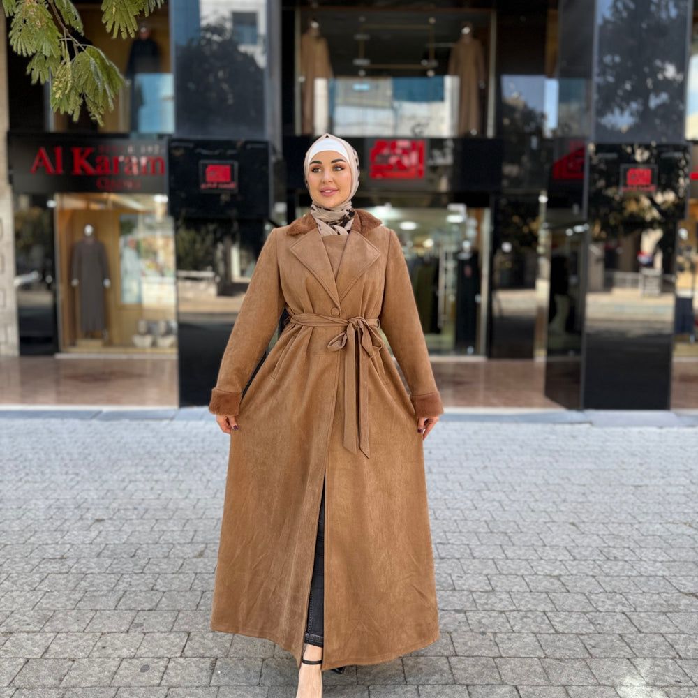 
                      
                        Open-Front Jilbab with Fur Accents and Waist Belt
                      
                    