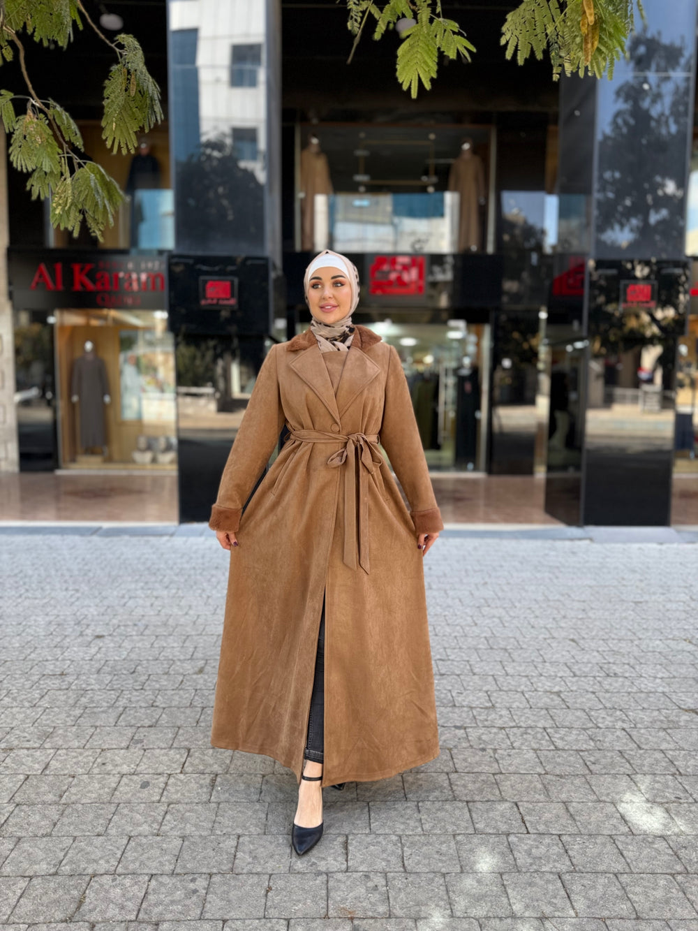 Open-Front Jilbab with Fur Accents and Waist Belt