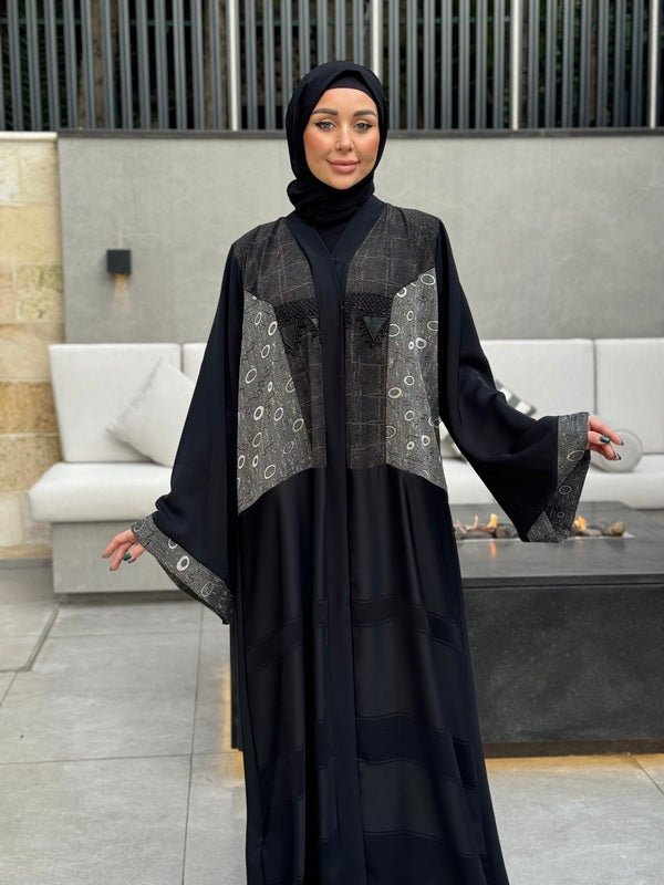 Emirati Black Velvet Abaya with Unique Fabric