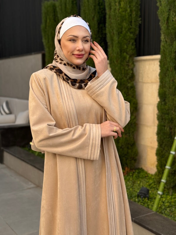 Suede Two-Piece Winter Abaya Set with belt