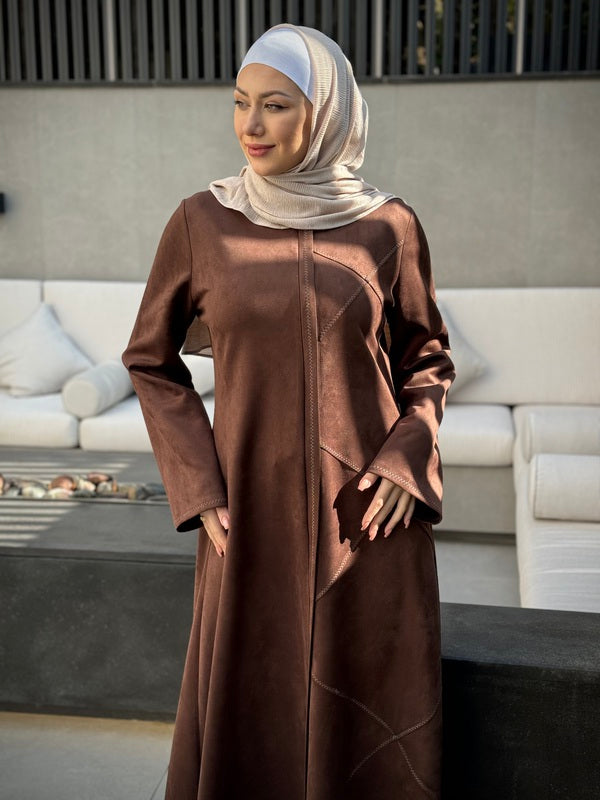 Chic Winter Suede Abaya with Embroidered Details