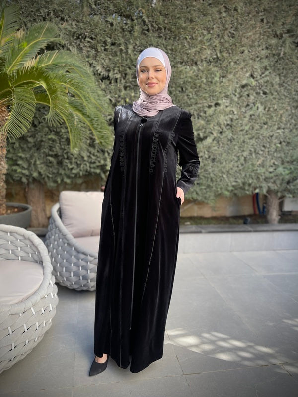Black Velvet Winter Abaya with Stylish Details