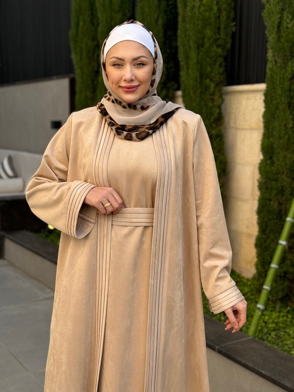 
                  
                    Suede Two-Piece Winter Abaya Set with belt
                  
                