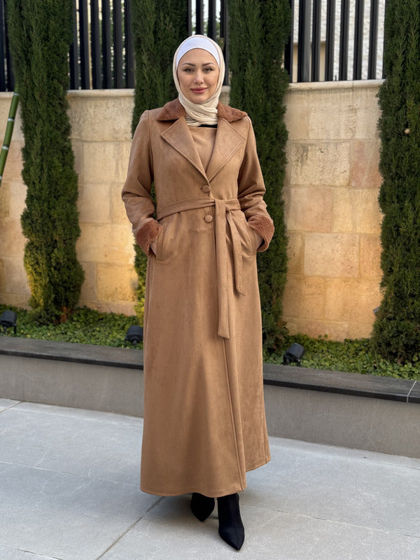 
                  
                    Open-Front Jilbab with Fur Accents and Waist Belt
                  
                