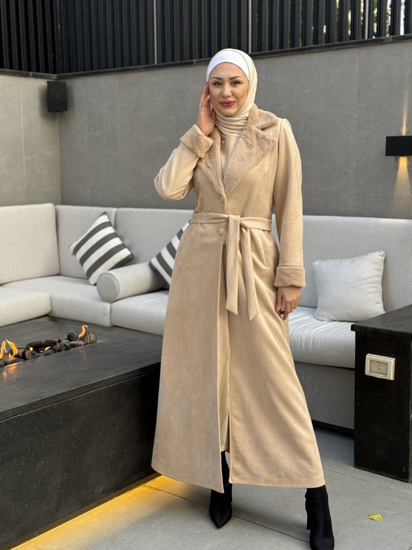 
                  
                    Open-Front Jilbab with Fur Accents and Waist Belt
                  
                