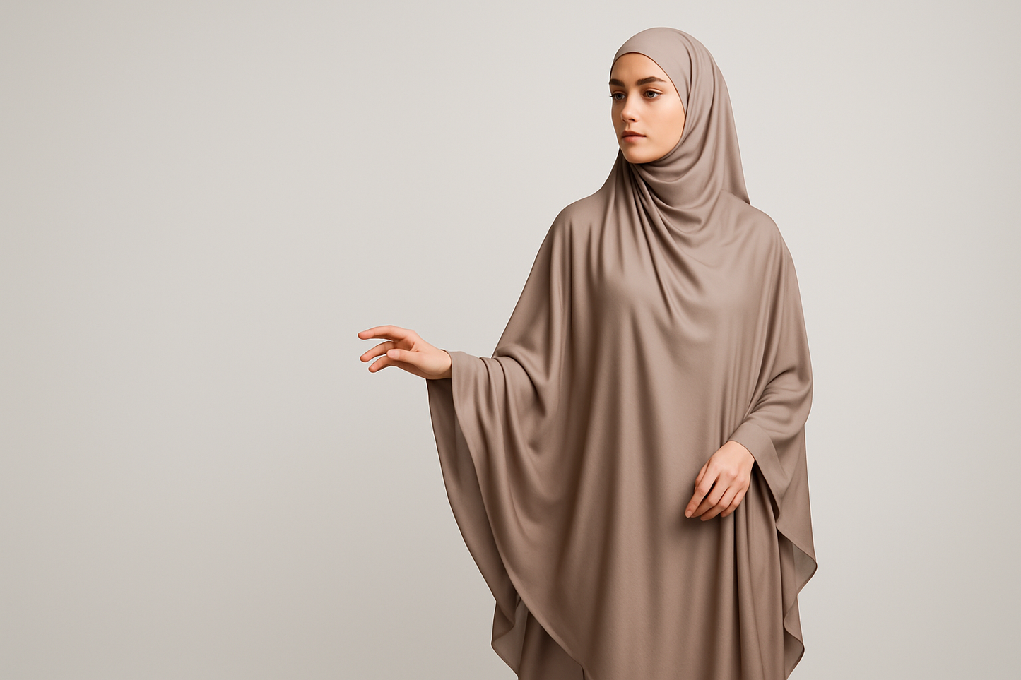 Model that waring hijab and jilbab put the mobel on right and ave space on the left