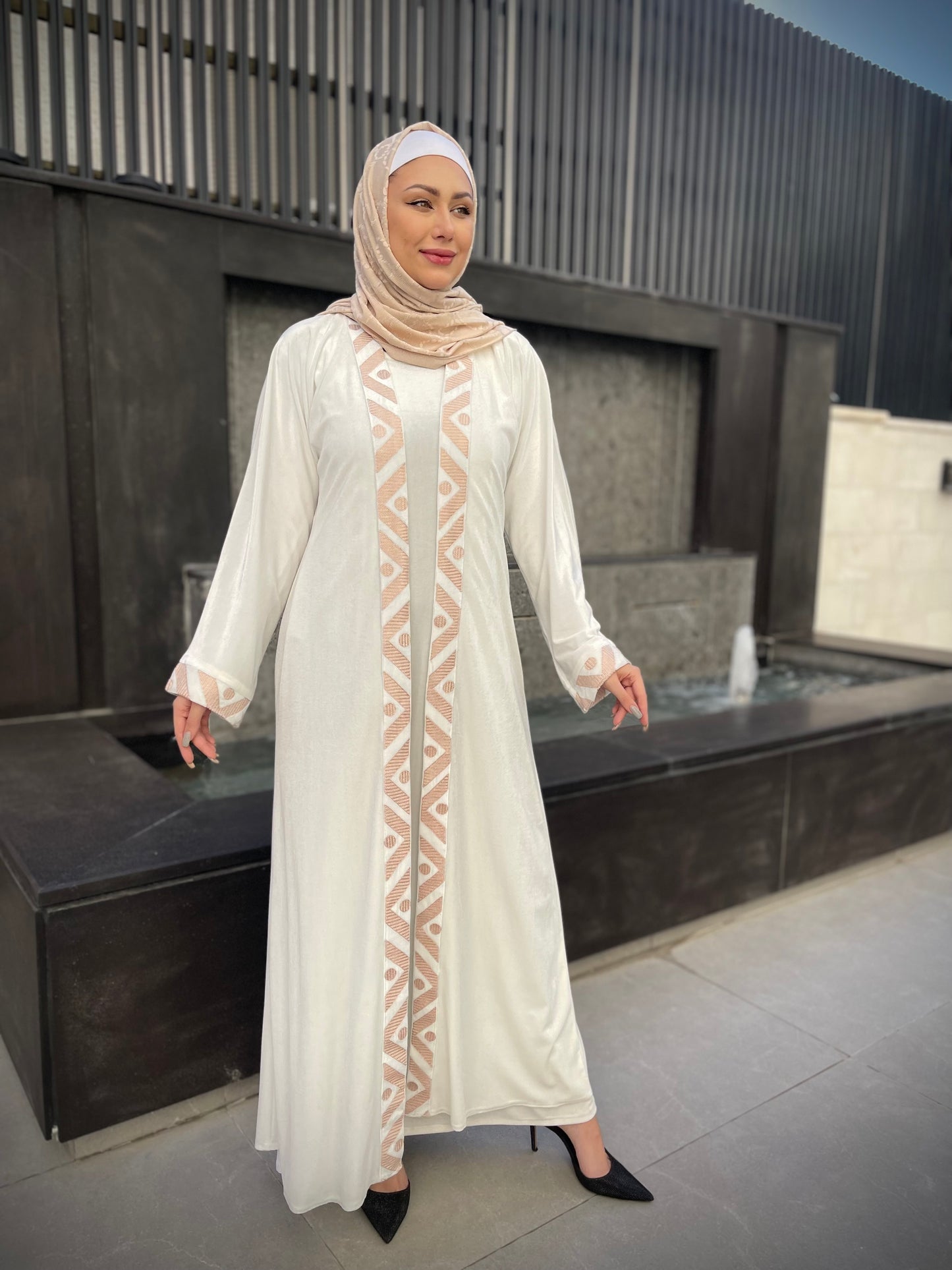 
                  
                    White Velvet Abaya with Embroidery
                  
                