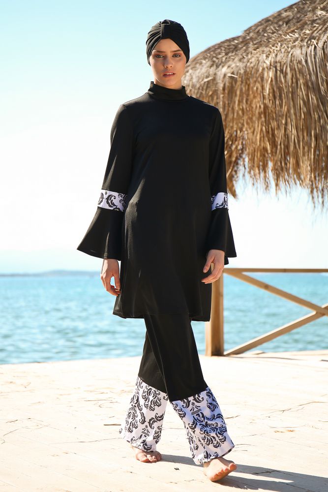 Black Patterned Full Closed Hijab Swimsuit Al Karam Qadri