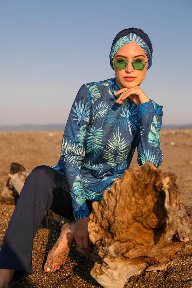 Leaf Patterned Full Closed Hijab Swimsuit