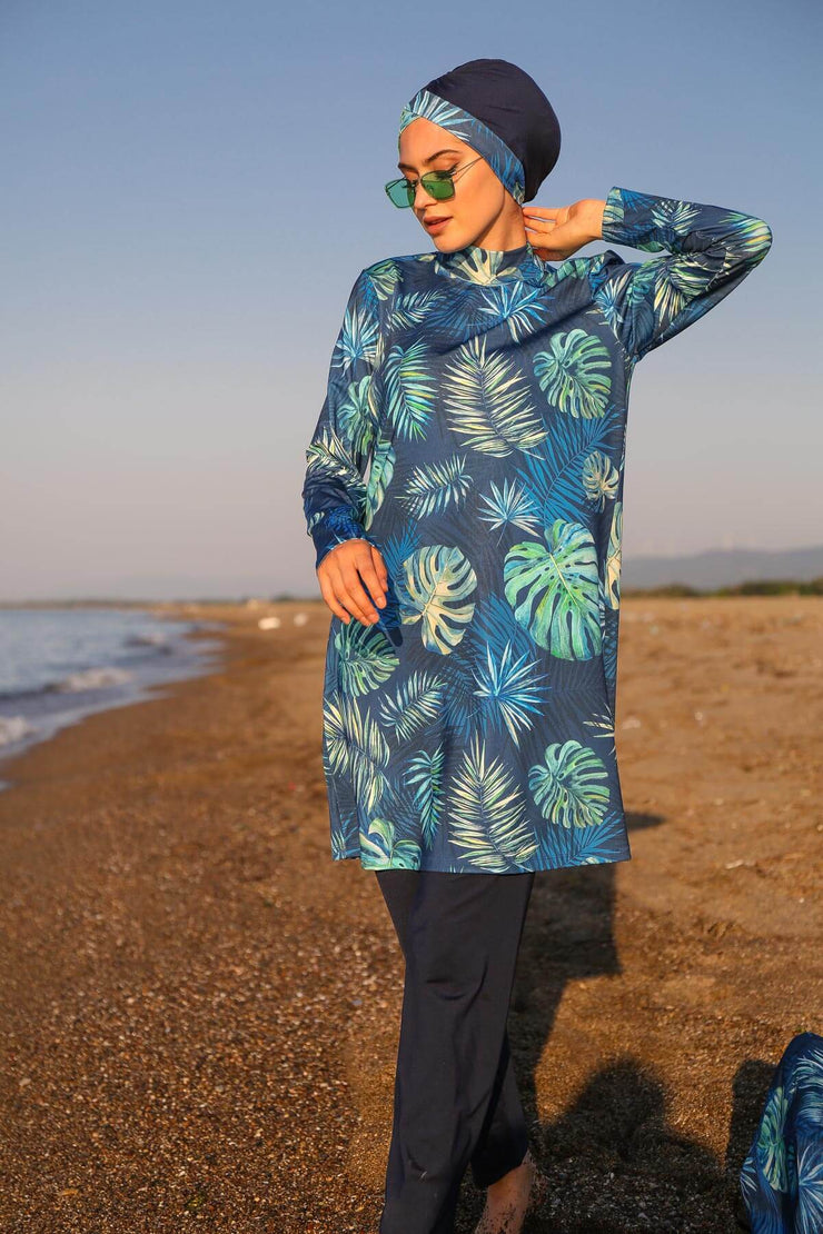 Leaf Patterned Full Closed Hijab Swimsuit